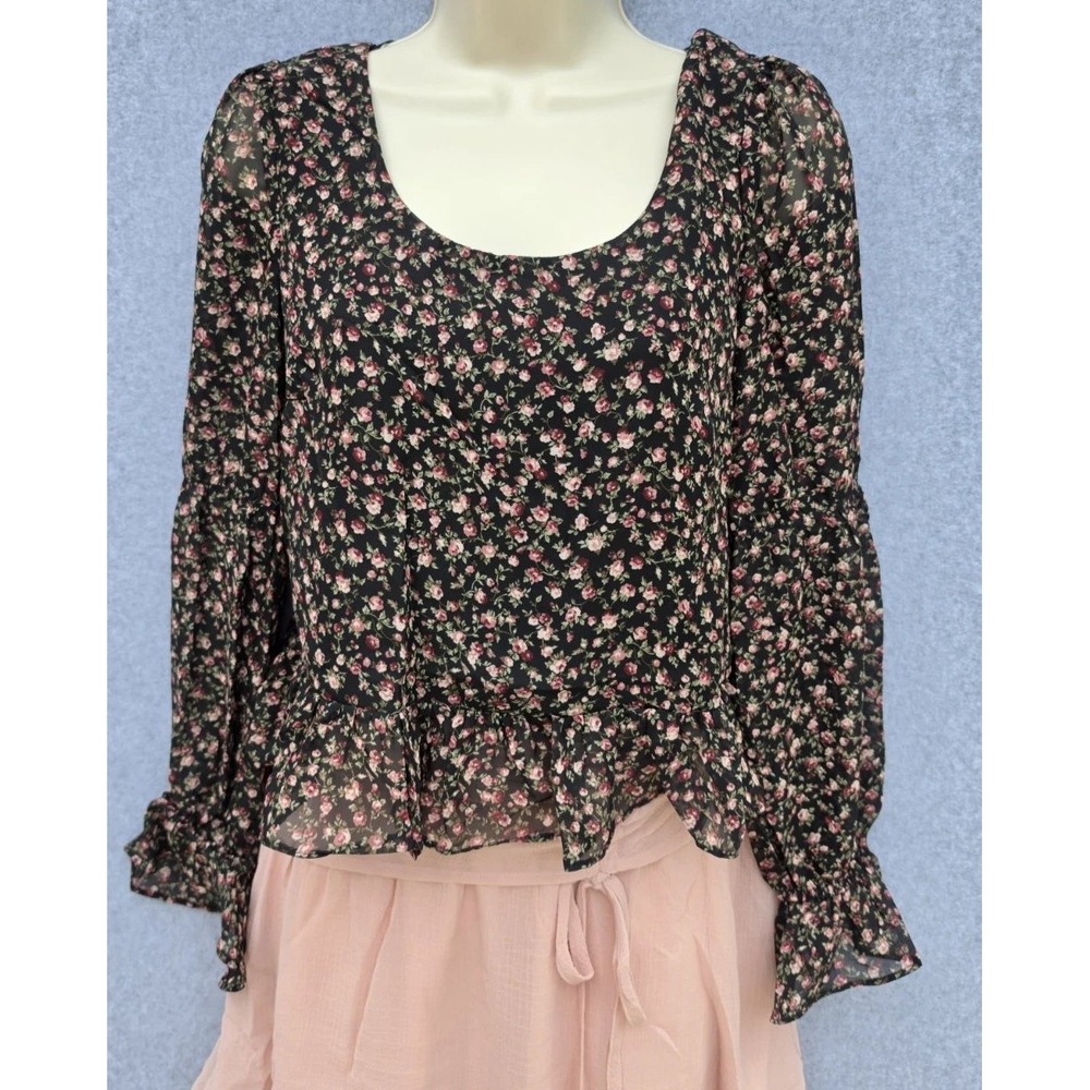 Promesa Black Floral Peplum Blouse Lace Up Back Long Sleeve Small NWT